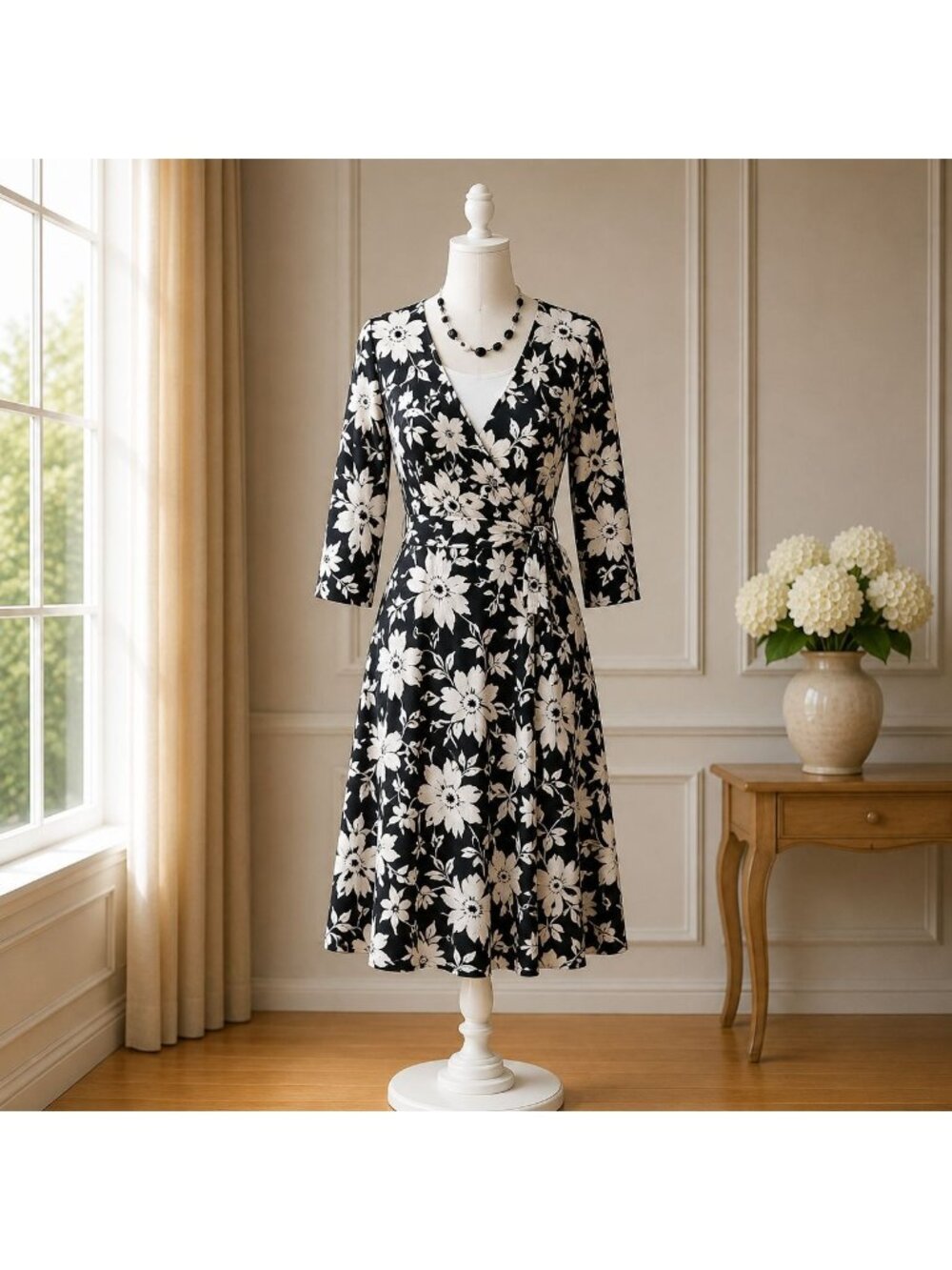 Madison Leigh Black Ivory Floral Midi Dress Women's 10 Stretch Long Sleeve